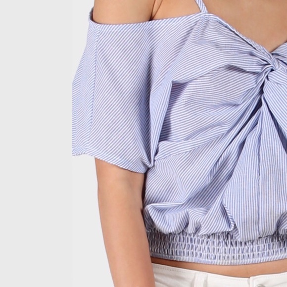 Twisted Knot Front Striped Off Shoulder Cropped Top - Picture 3 of 8